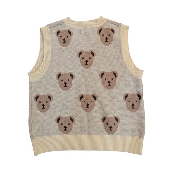 Cider Teddy Bear Knit Sweater Vest Gray Cream V-Neck Womens Size Medium - Picture 2 of 5
